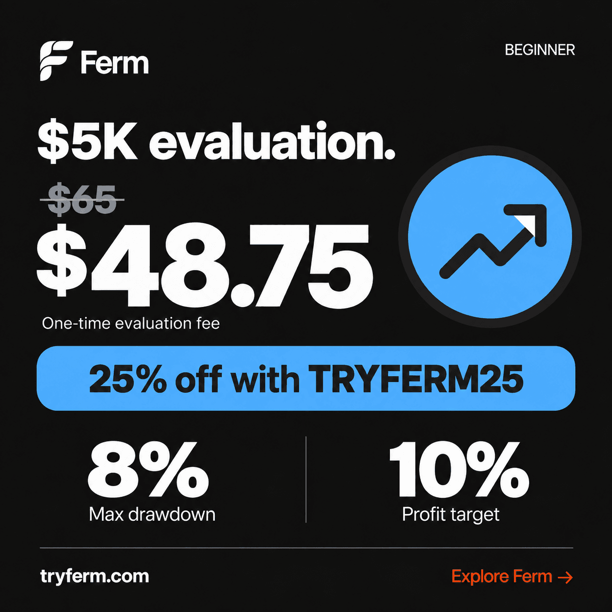 Dark Ferm graphic featuring the $5K Beginner evaluation and TRYFERM25 offer.