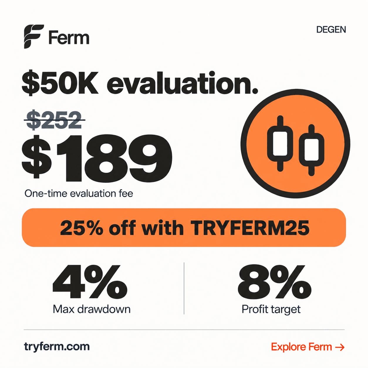 Light Ferm graphic featuring the $50K Degen evaluation and TRYFERM25 offer.