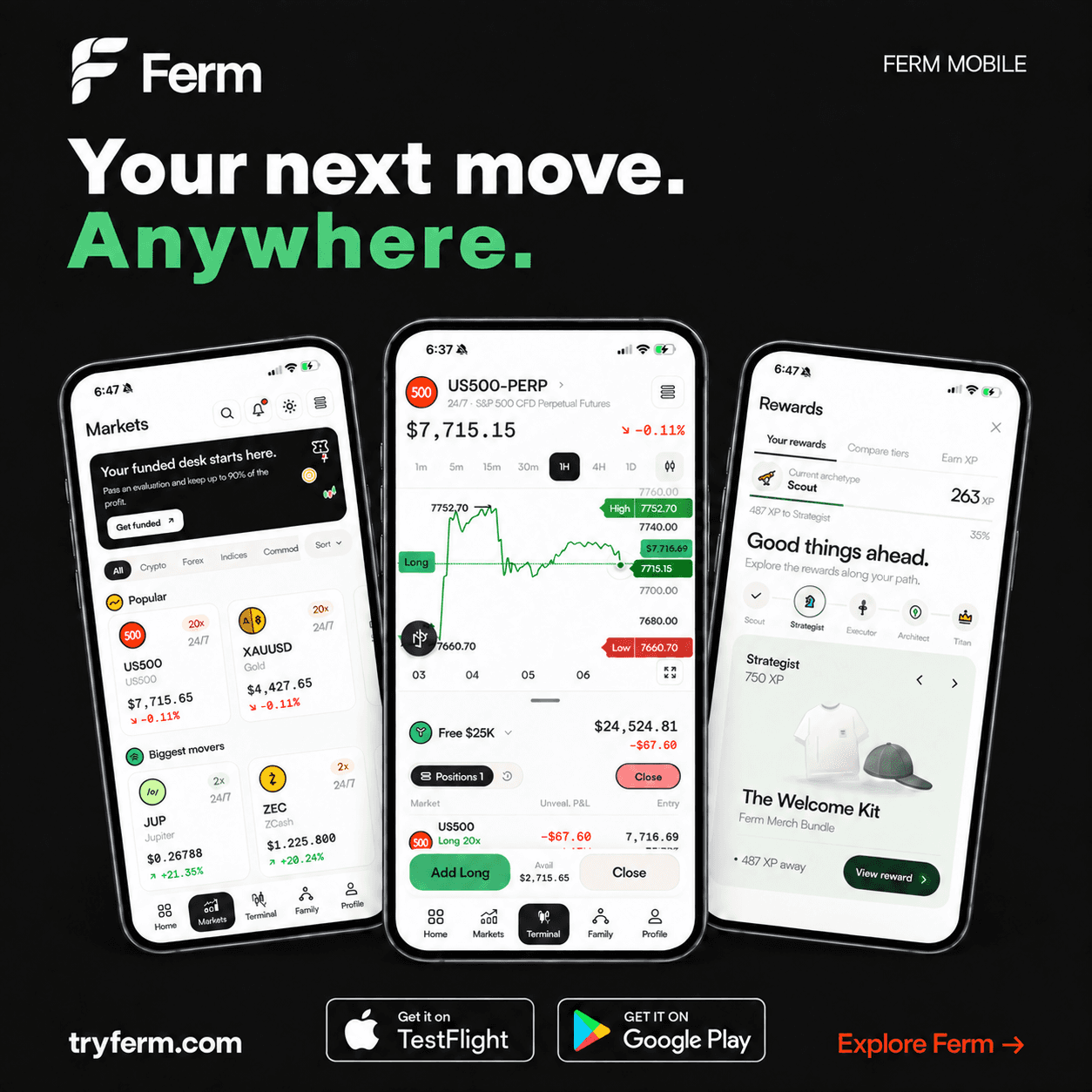 Dark Ferm mobile app graphic with three app screens and TestFlight and Google Play badges.