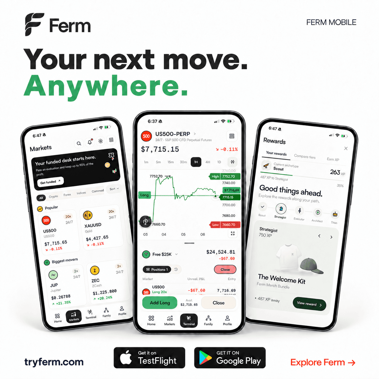 Light Ferm mobile app graphic with three app screens and TestFlight and Google Play badges.