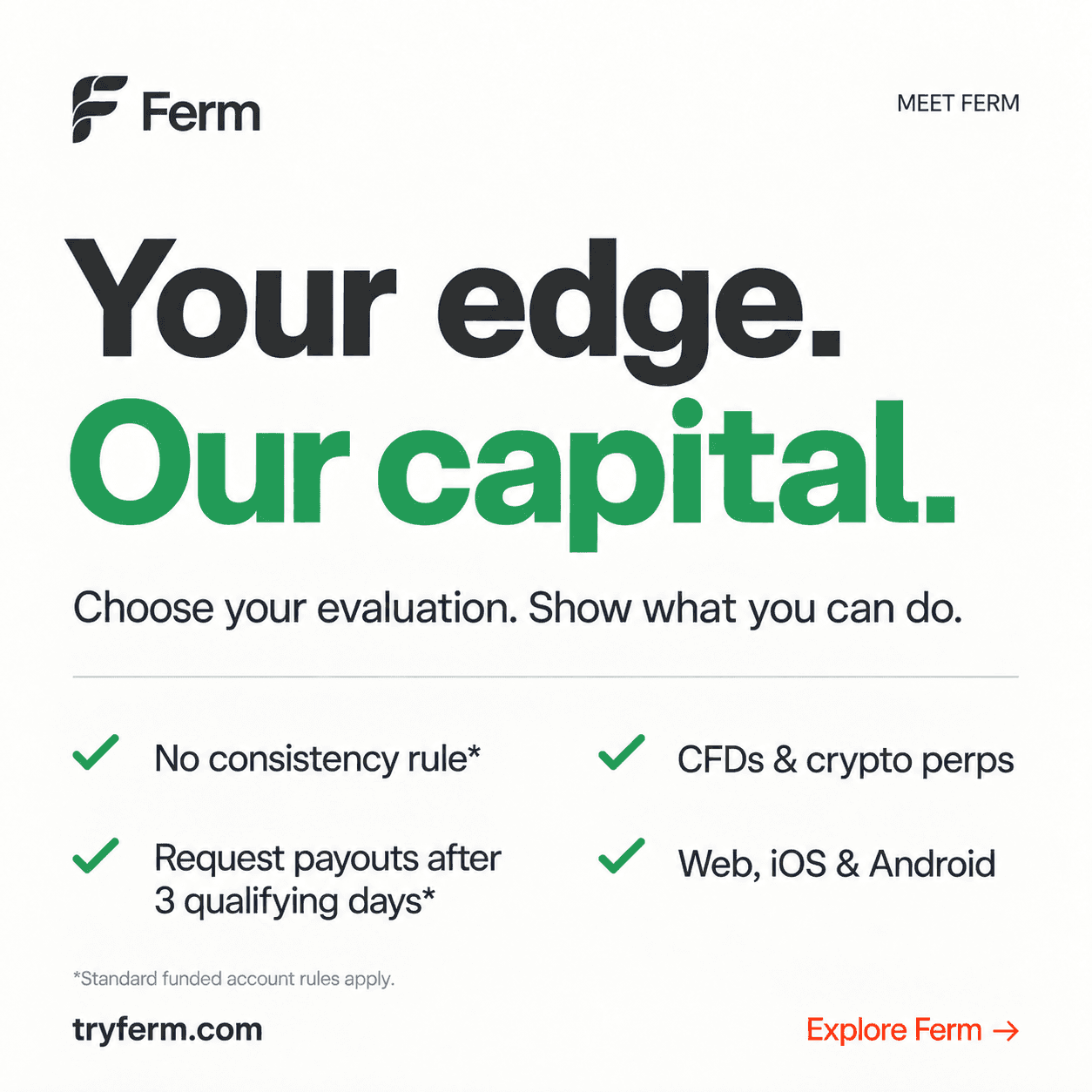 Light social graphic introducing Ferm and its trading benefits.