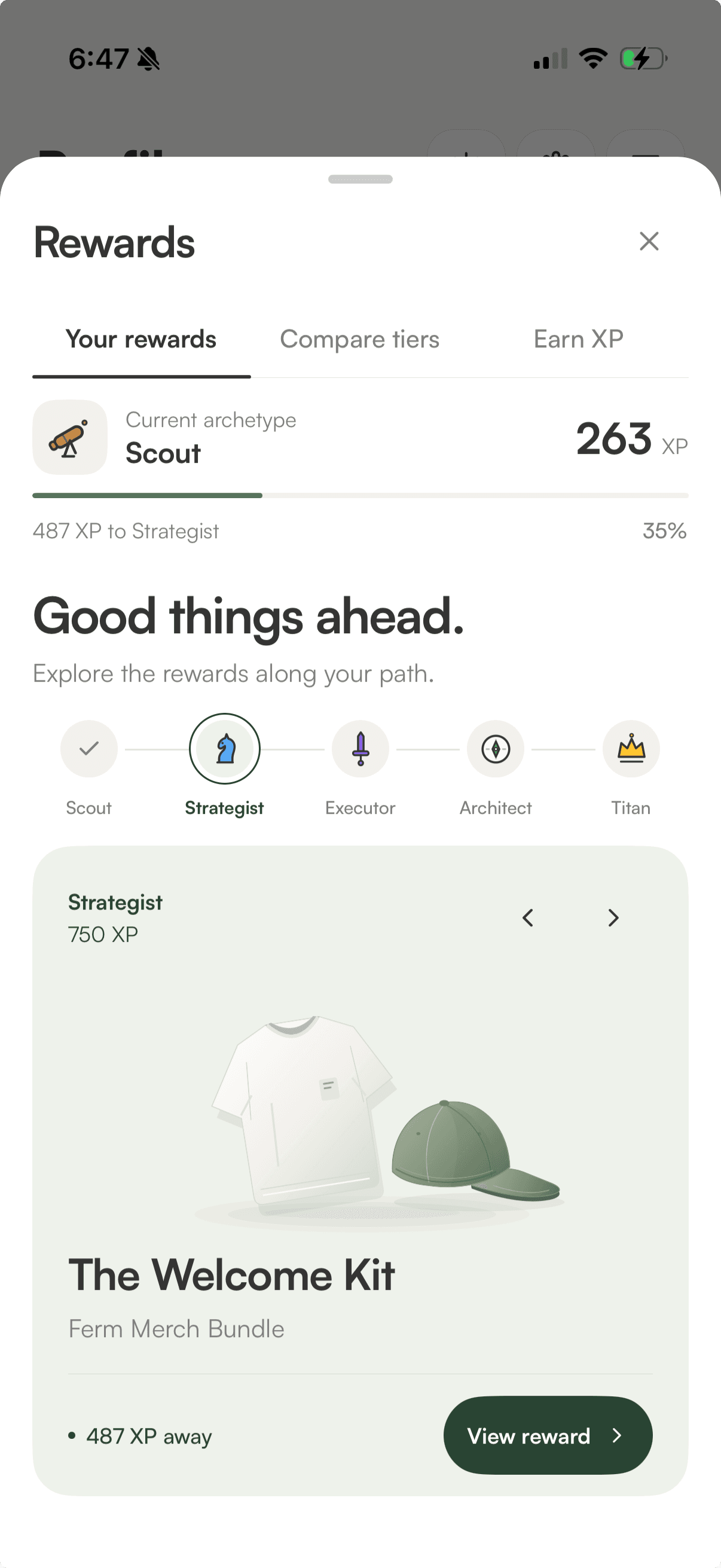 Current Ferm mobile rewards: XP progress, tiers, and the Welcome Kit.