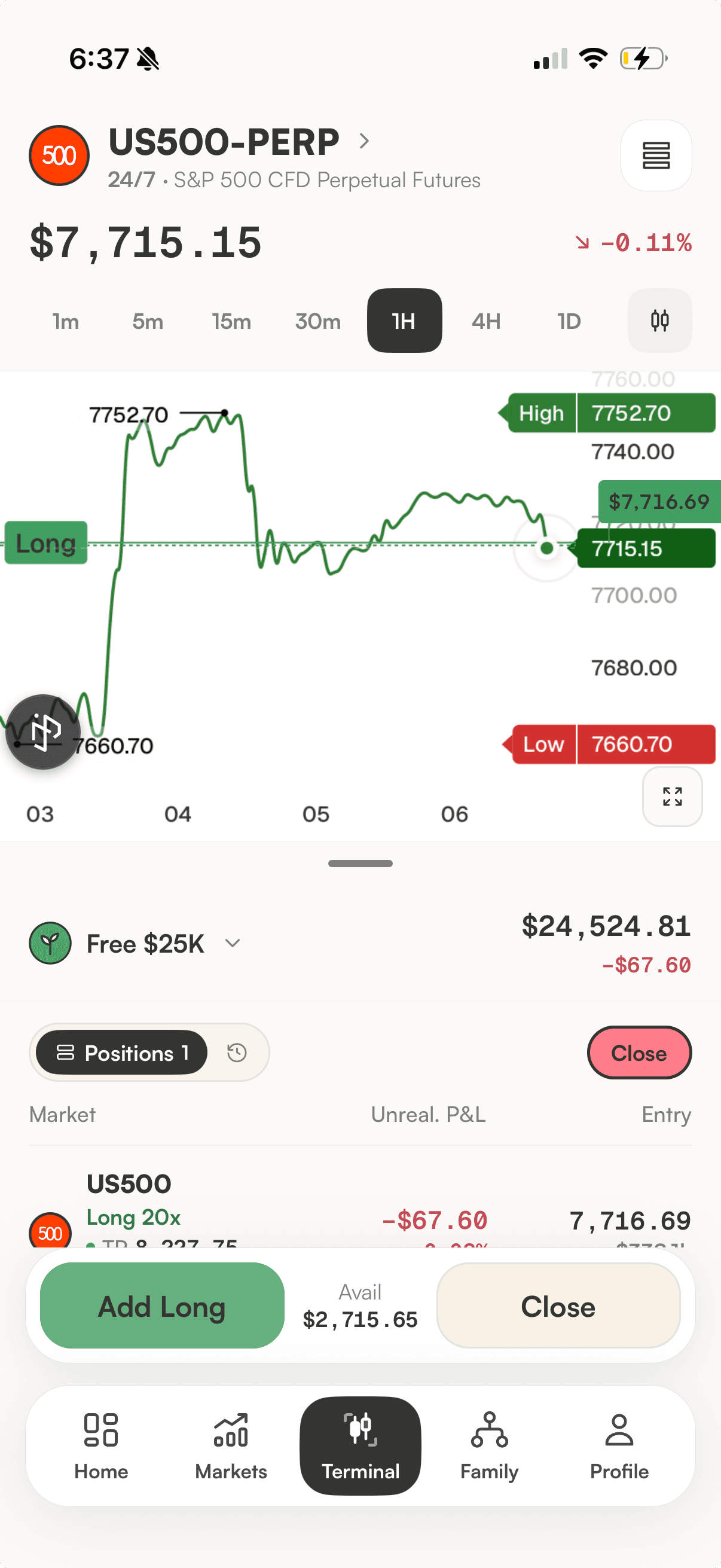 Current Ferm mobile terminal in light mode: US500 chart, account equity, positions, and bottom navigation.